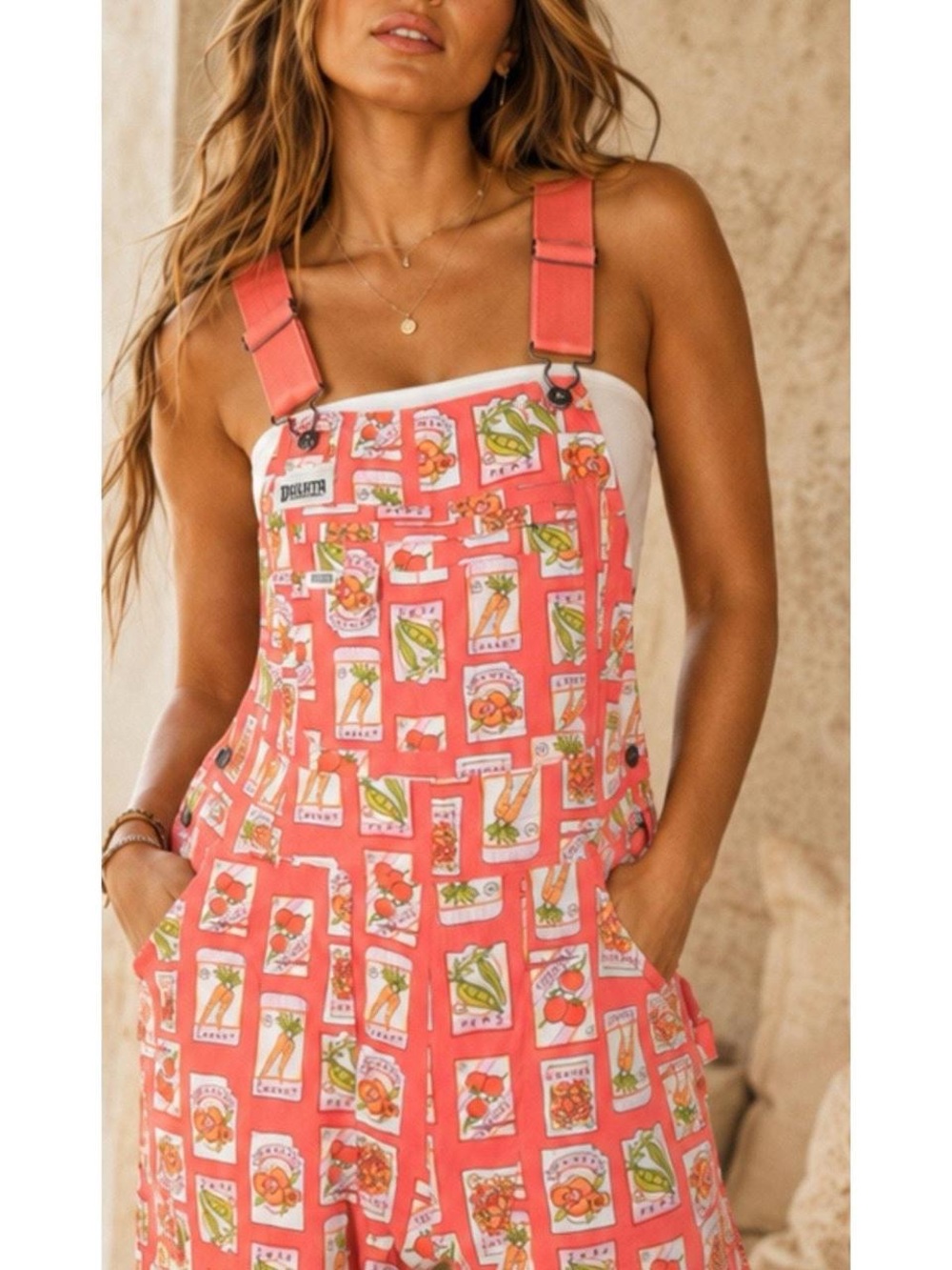 Duluth Trading Coral Pink Overalls w/ Seed Packets Pattern, Size XLx29, NWOT